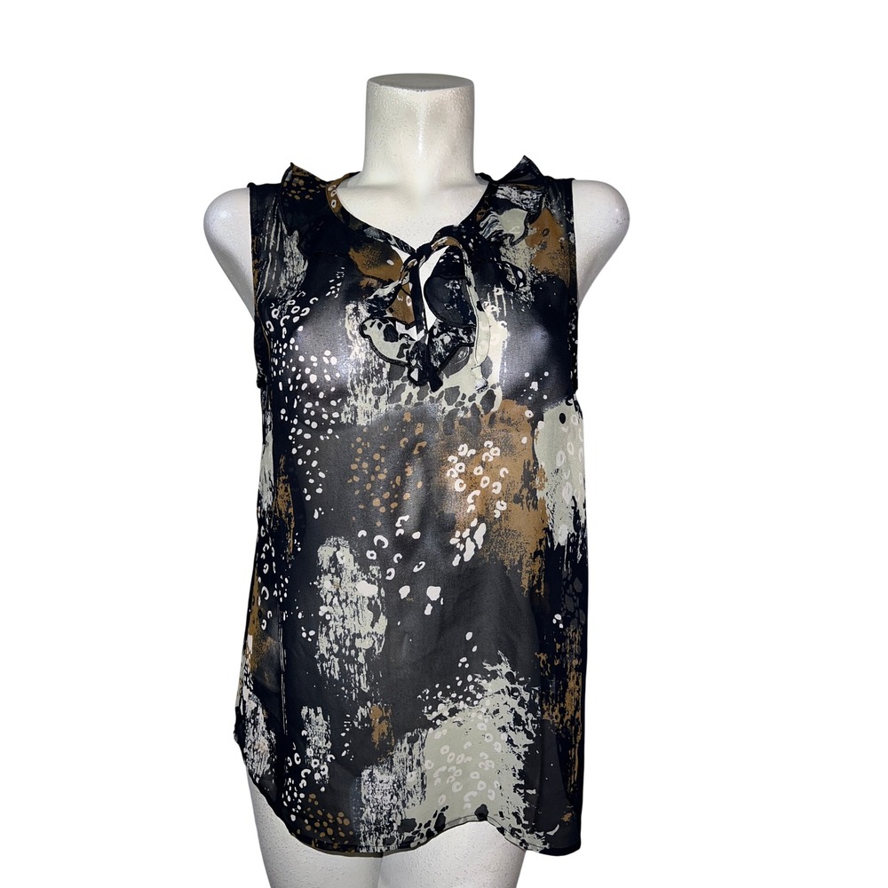 Cabi Top Abstract Animal Print Ruffle Tie Neck Sleeveless Blouse Sz M Black 4185